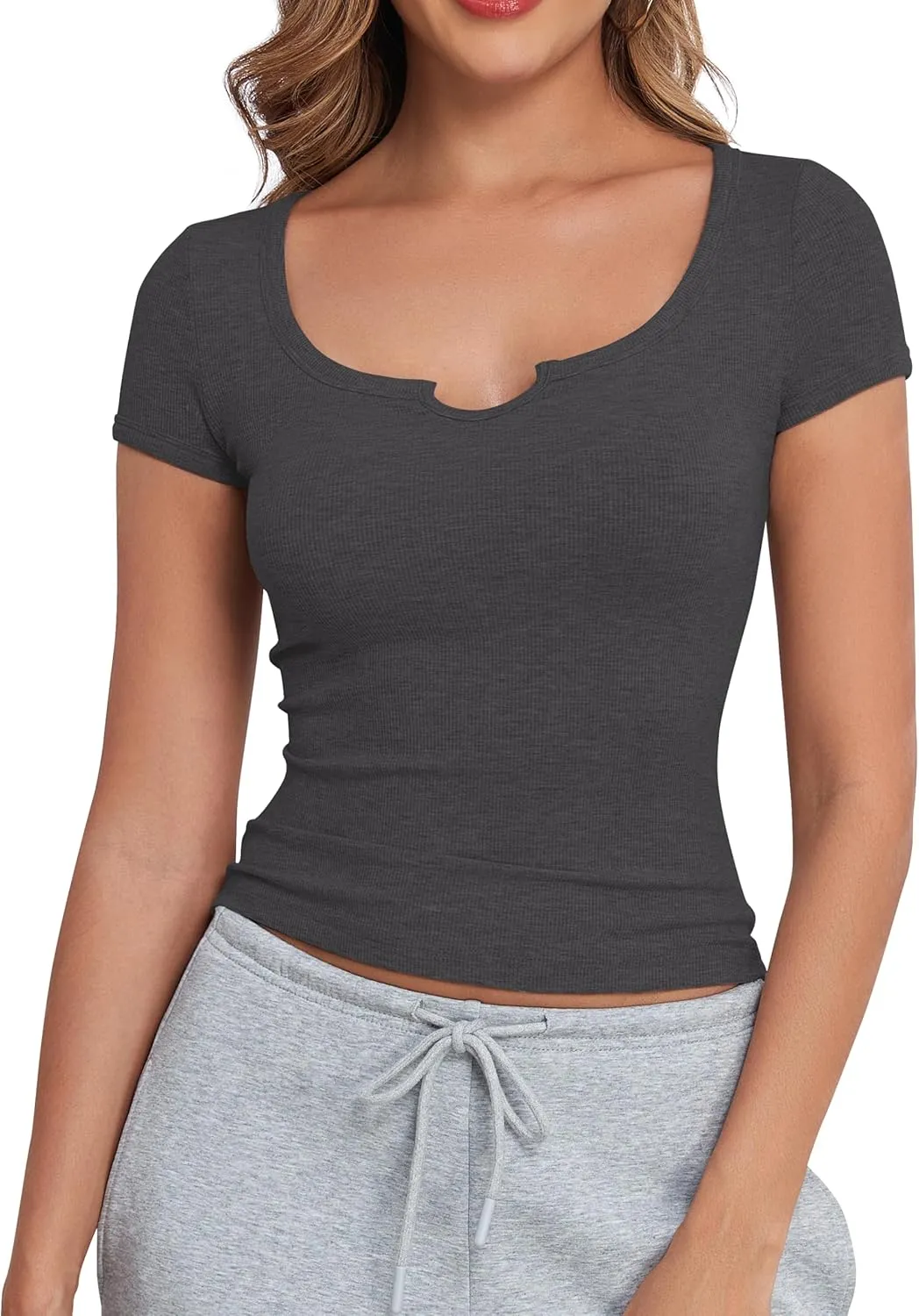 Artfish Women's Short Sleeve T-Shirts Form Fitting Ribbed Knit V Notch Scoop Neck Basic Crop Top