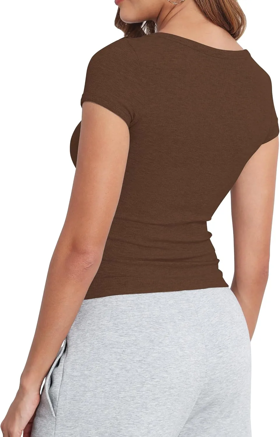Artfish Women's Short Sleeve T-Shirts Form Fitting Ribbed Knit V Notch Scoop Neck Basic Crop Top