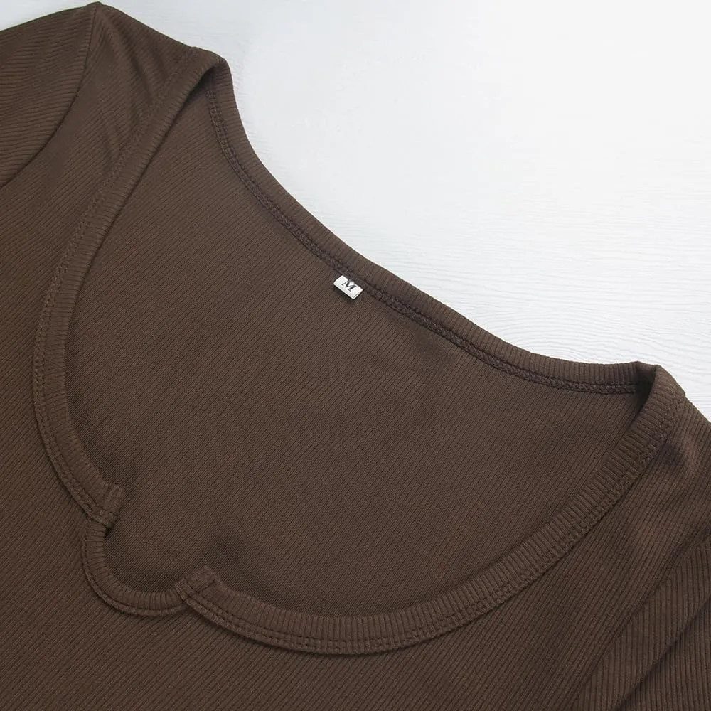 Artfish Women's Short Sleeve T-Shirts Form Fitting Ribbed Knit V Notch Scoop Neck Basic Crop Top