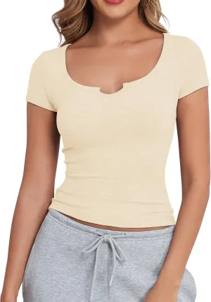 Artfish Women's Short Sleeve T-Shirts Form Fitting Ribbed Knit V Notch Scoop Neck Basic Crop Top