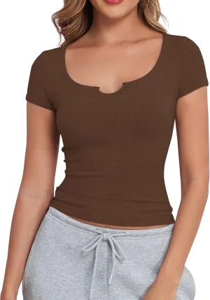 Artfish Women's Short Sleeve T-Shirts Form Fitting Ribbed Knit V Notch Scoop Neck Basic Crop Top