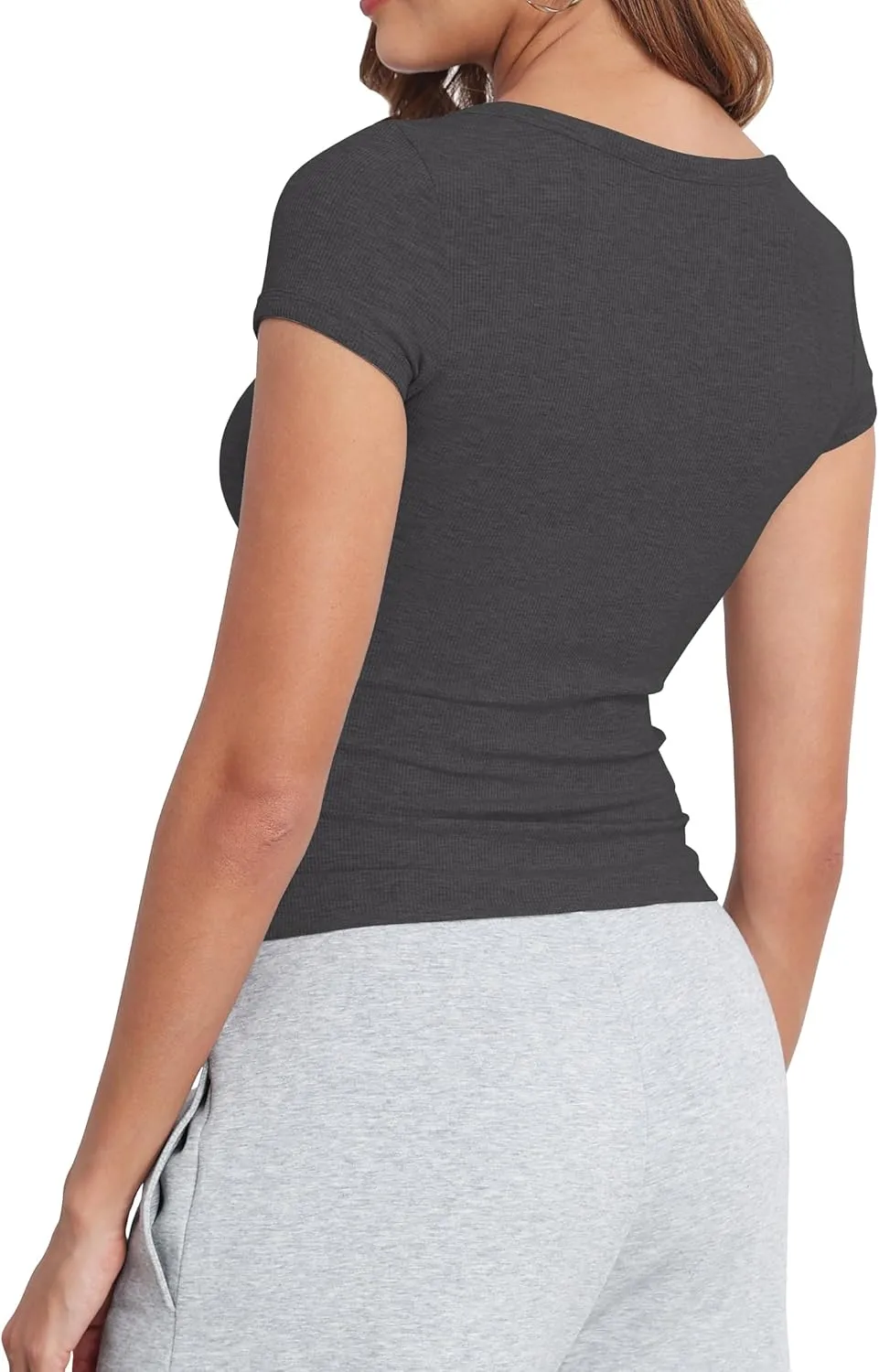 Artfish Women's Short Sleeve T-Shirts Form Fitting Ribbed Knit V Notch Scoop Neck Basic Crop Top