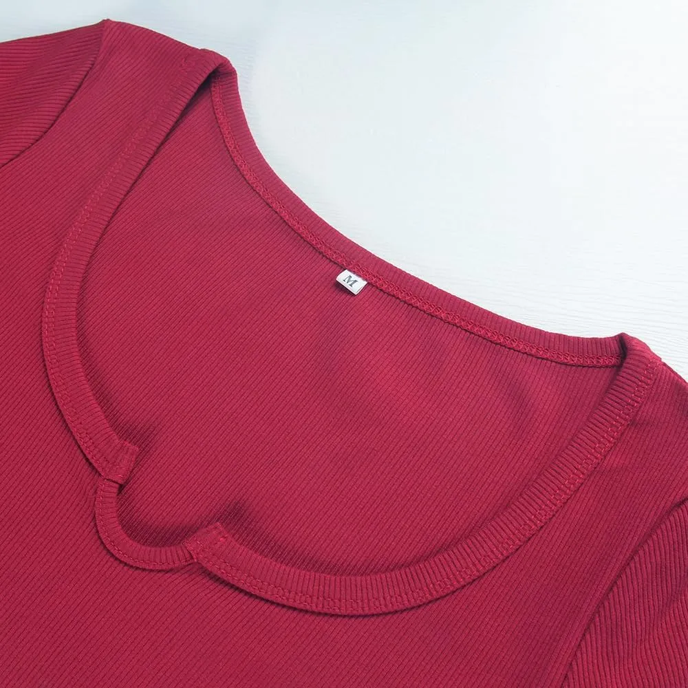 Artfish Women's Short Sleeve T-Shirts Form Fitting Ribbed Knit V Notch Scoop Neck Basic Crop Top