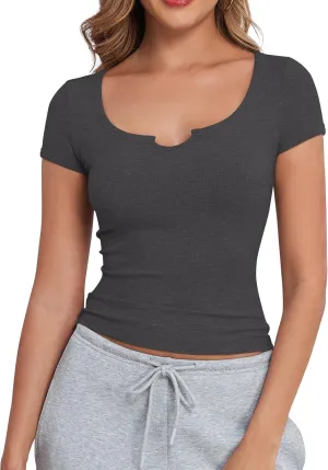 Artfish Women's Short Sleeve T-Shirts Form Fitting Ribbed Knit V Notch Scoop Neck Basic Crop Top