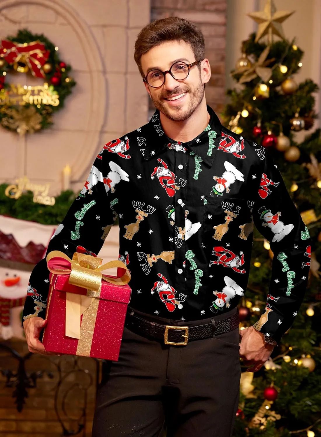 Arvilhill Men's Christmas Button Shirts Long Sleeve Ugly Xmas Shirts (S-3XL)
