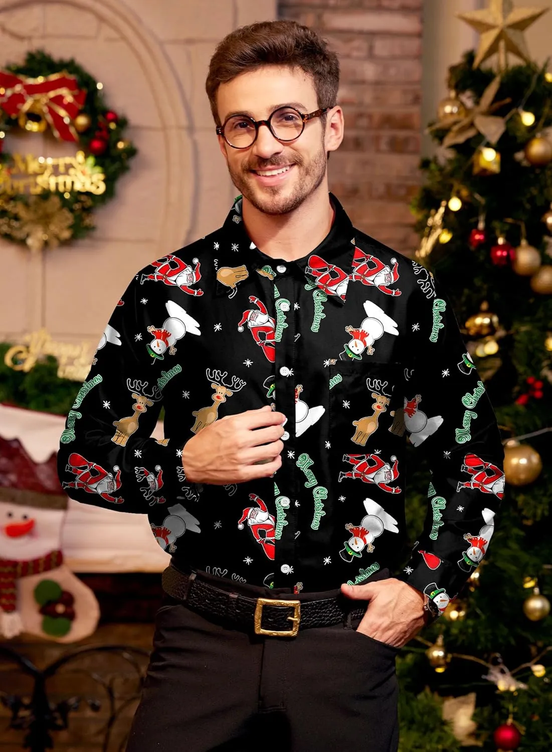 Arvilhill Men's Christmas Button Shirts Long Sleeve Ugly Xmas Shirts (S-3XL)