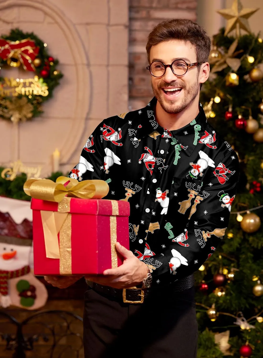 Arvilhill Men's Christmas Button Shirts Long Sleeve Ugly Xmas Shirts (S-3XL)