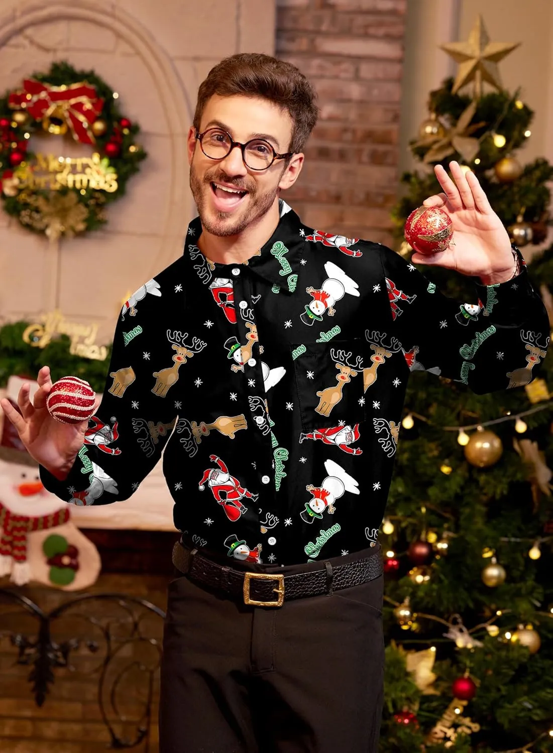 Arvilhill Men's Christmas Button Shirts Long Sleeve Ugly Xmas Shirts (S-3XL)