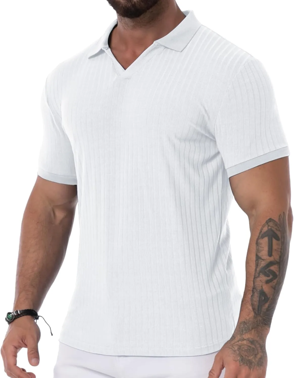 Askdeer Men's Muscle Polo Shirts V Neck Slim Fit Ribbed T Shirts Short/Long Sleeve Golf Collar Shirt Knit Casual Tee