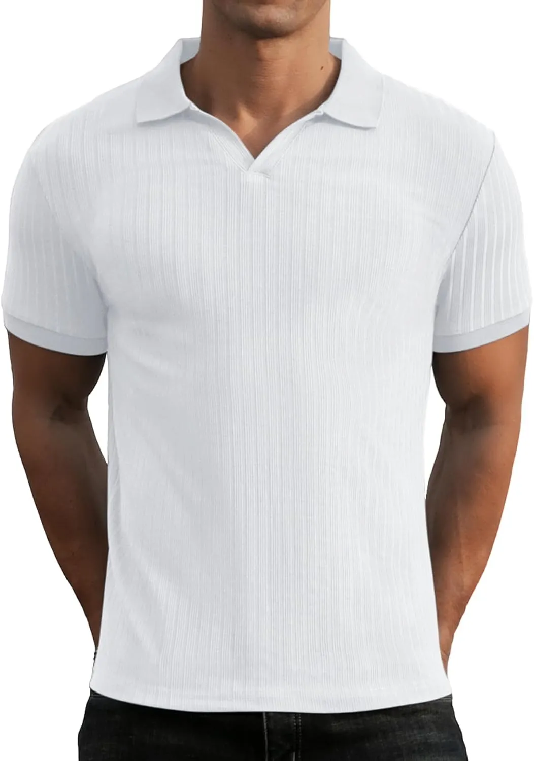 Askdeer Men's Muscle Polo Shirts V Neck Slim Fit Ribbed T Shirts Short/Long Sleeve Golf Collar Shirt Knit Casual Tee