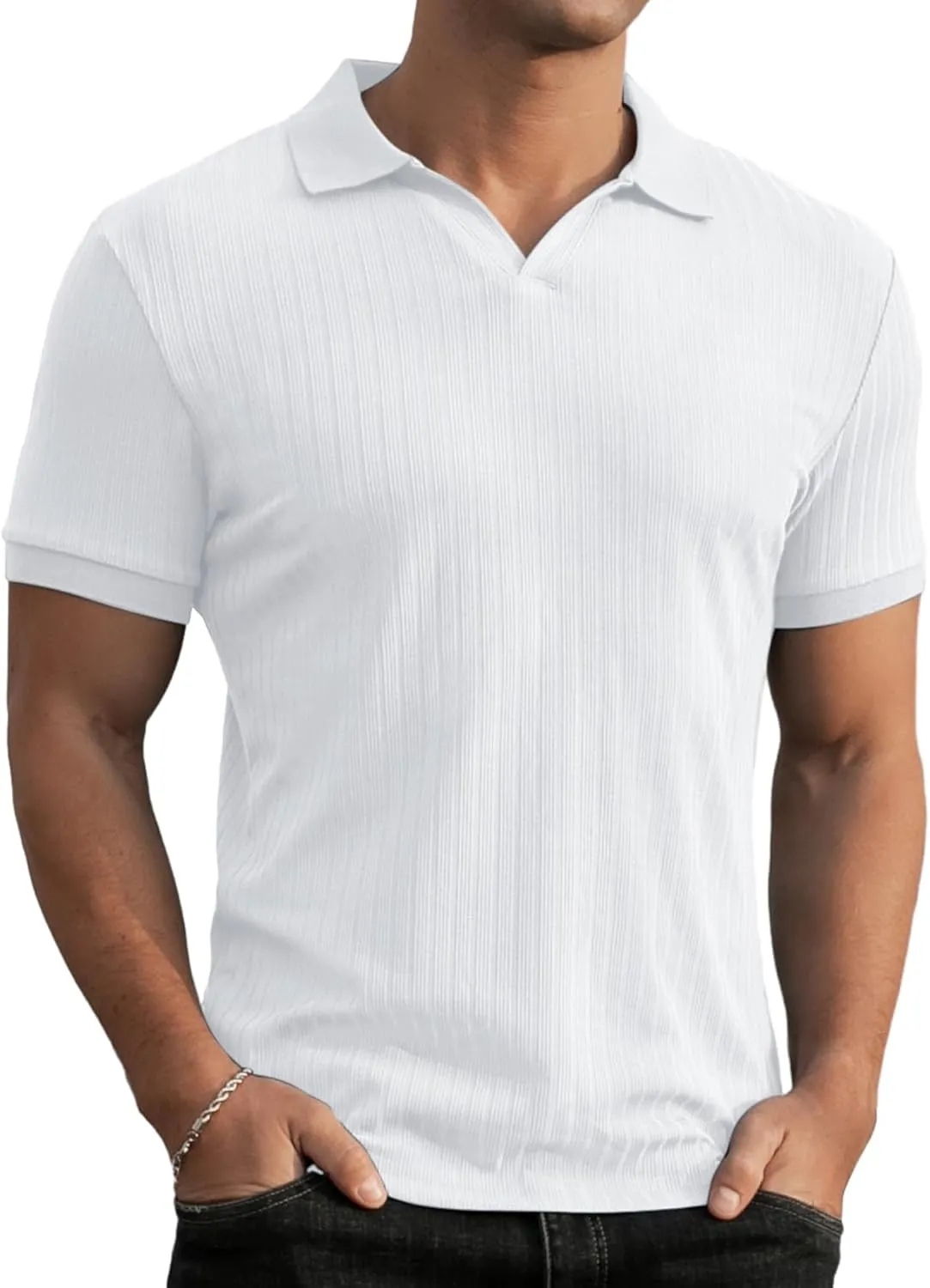 Askdeer Men's Muscle Polo Shirts V Neck Slim Fit Ribbed T Shirts Short/Long Sleeve Golf Collar Shirt Knit Casual Tee