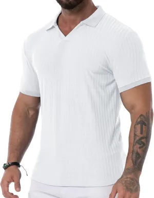 Askdeer Men's Muscle Polo Shirts V Neck Slim Fit Ribbed T Shirts Short/Long Sleeve Golf Collar Shirt Knit Casual Tee