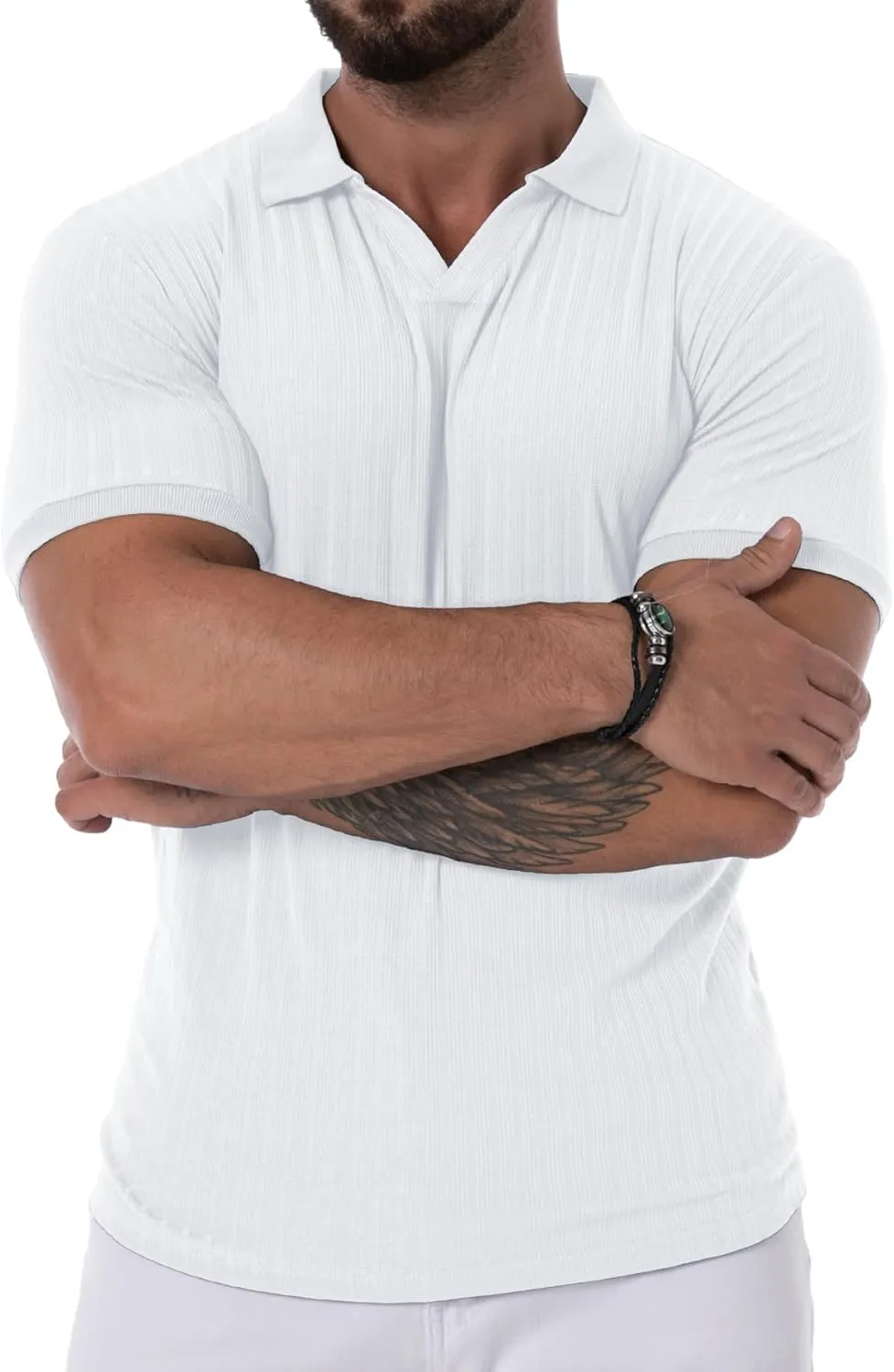 Askdeer Men's Muscle Polo Shirts V Neck Slim Fit Ribbed T Shirts Short/Long Sleeve Golf Collar Shirt Knit Casual Tee