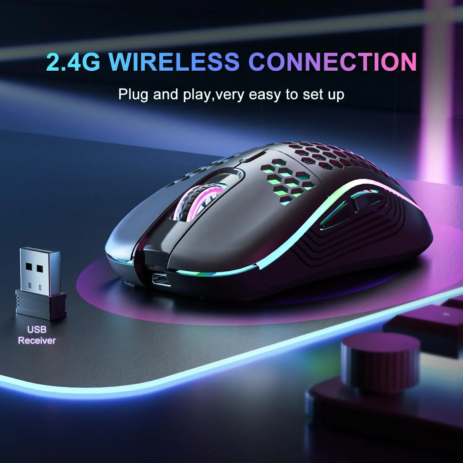 AVMTOM Wireless Mouse Wireless Gaming Mouse Rechargeable PC Mouse with RGB Backlit 6 Buttons Adjustable Ergonomic for Laptop, PC, Computer, Desktop, Notebook etc Gaming Mouse Wireless (Black)
