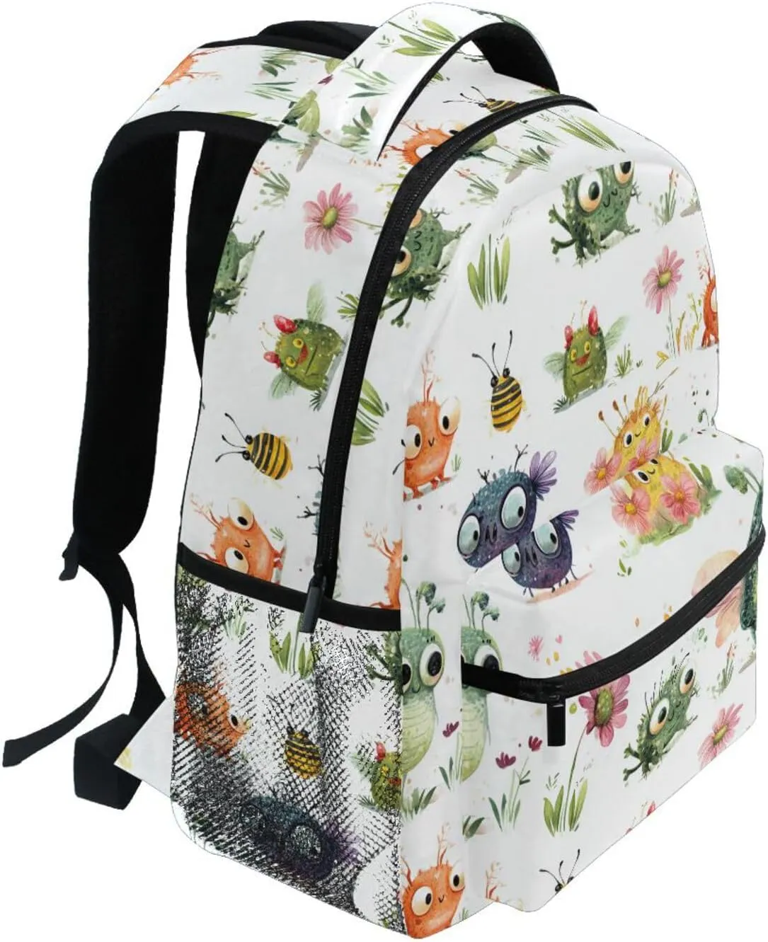 Backpack for Unisex Adult Fashion Backpack With Water Bottle Pocket with Chest Strap for Travel Trip Cartoon Sweet Aliens White