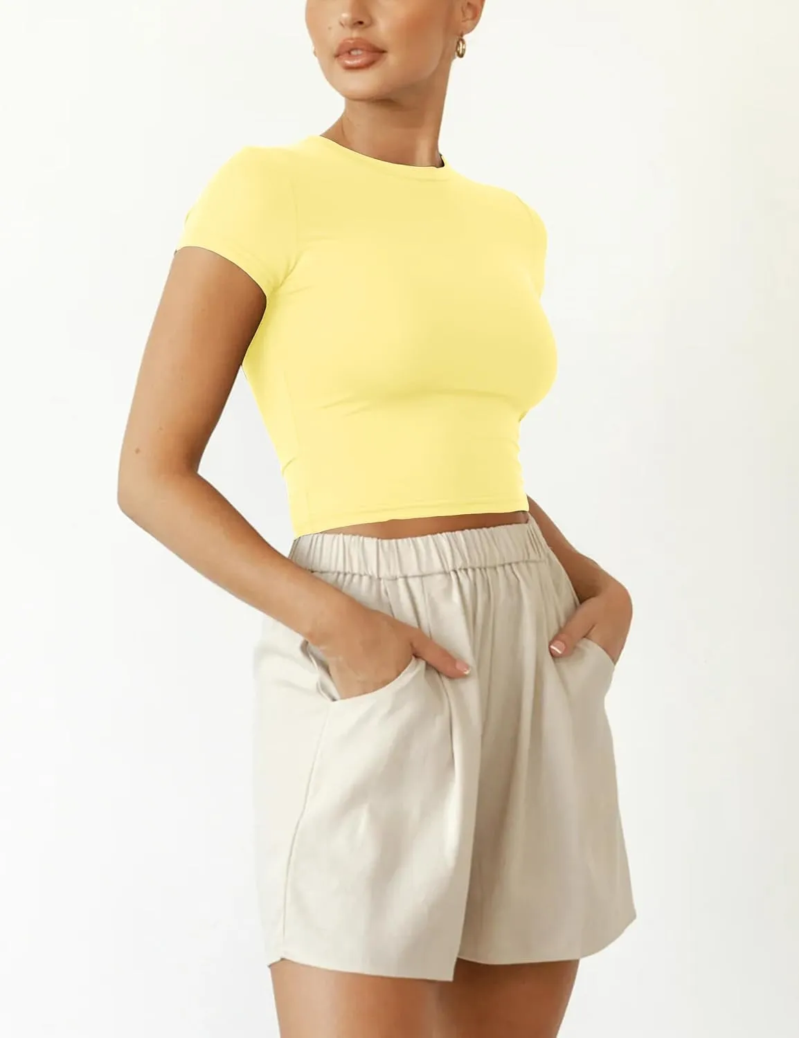 BAIGRAM Women Slim Fit Cap Sleeve Round Neck Crop Tee Top Basic Solid Form Fitting Stretchy Tshirt Summer Baby Tee
