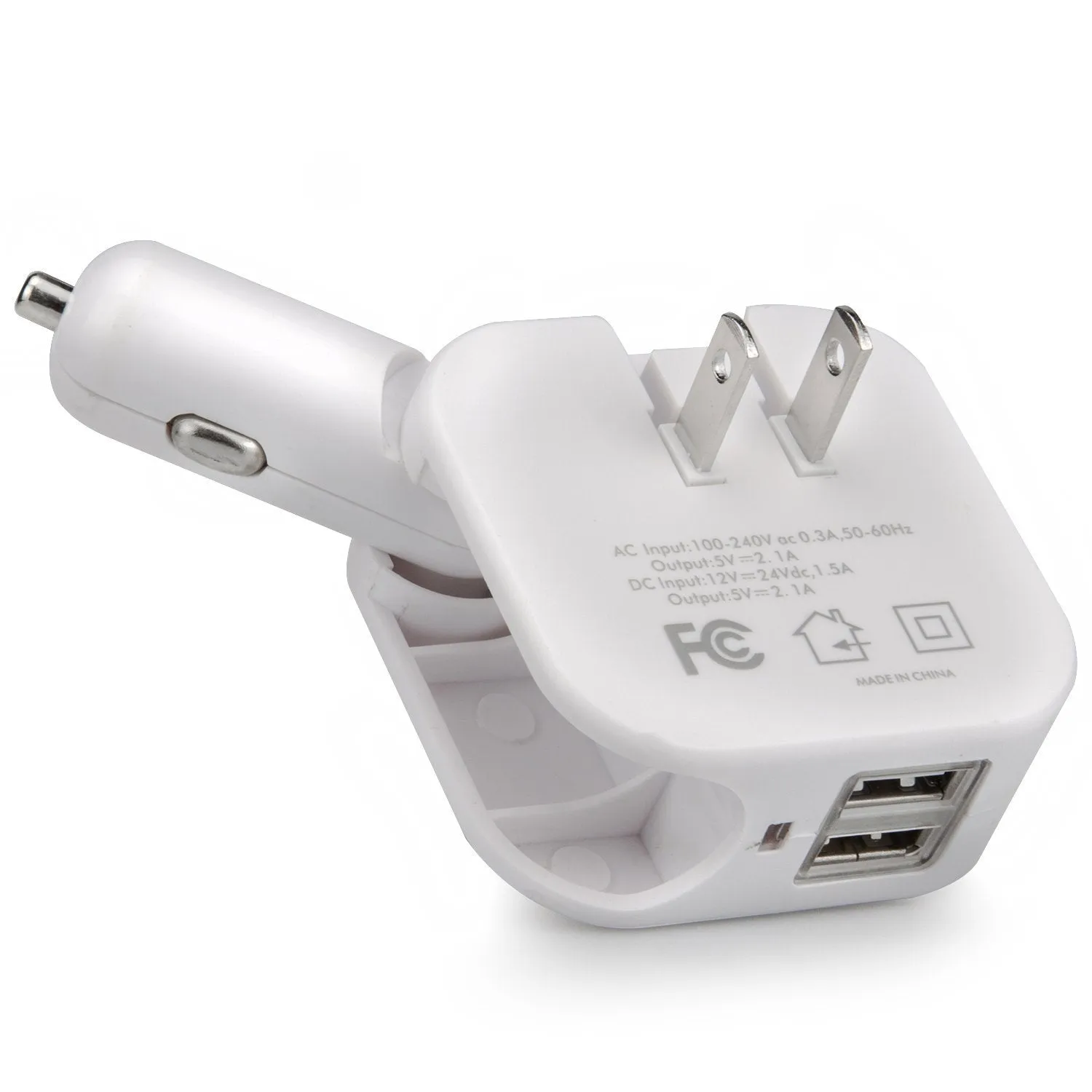 Baytek 2 in 1 Car & Home Charger w 2 USB Charging Ports (AC & DC) in White