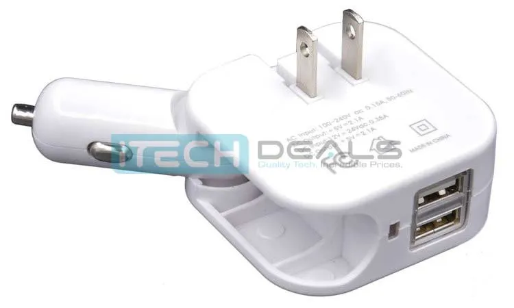 Baytek 2 in 1 Car & Home Charger w 2 USB Charging Ports (AC & DC) in White
