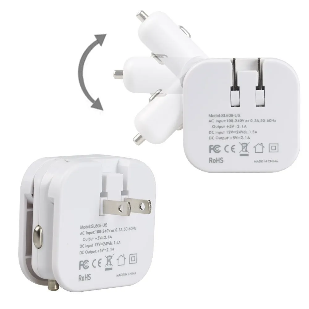 Baytek 2 in 1 Car & Home Charger w 2 USB Charging Ports (AC & DC) in White
