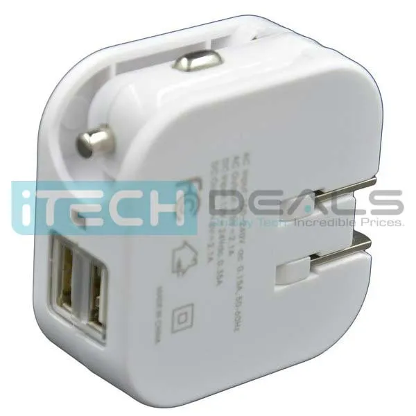 Baytek 2 in 1 Car & Home Charger w 2 USB Charging Ports (AC & DC) in White