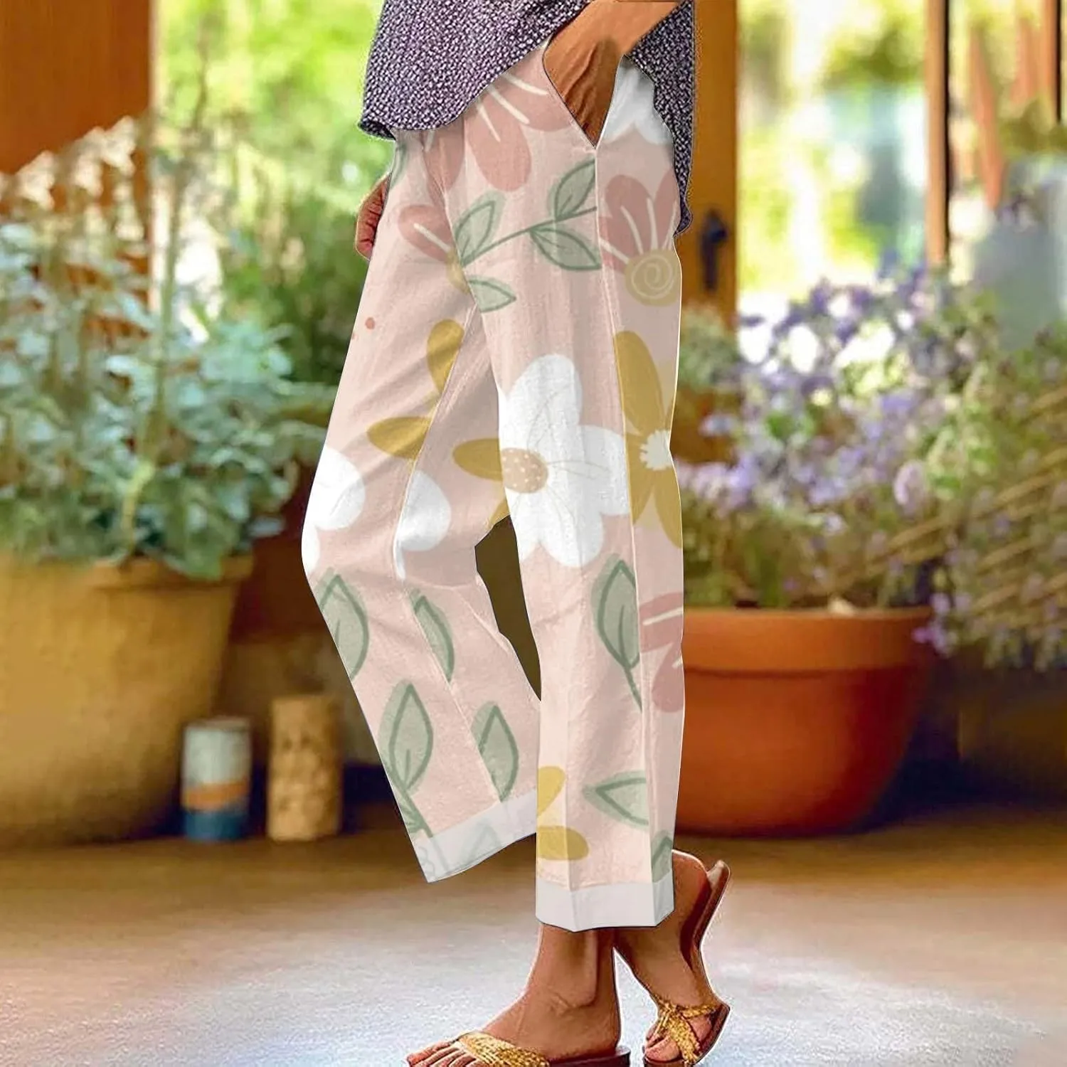 Beach Pants for Women Solid Elastic Pants Long Drawstring Linen Women Waist Cotton Casual Pants Linen Pants for