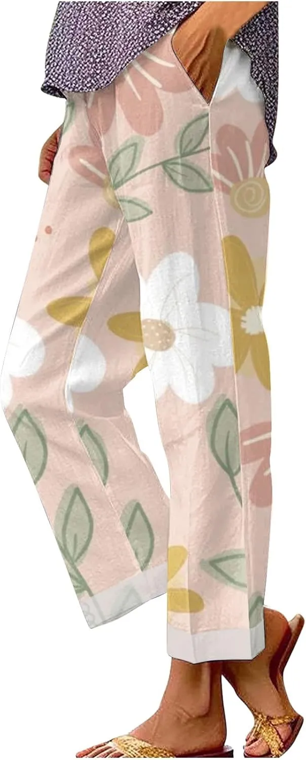 Beach Pants for Women Solid Elastic Pants Long Drawstring Linen Women Waist Cotton Casual Pants Linen Pants for