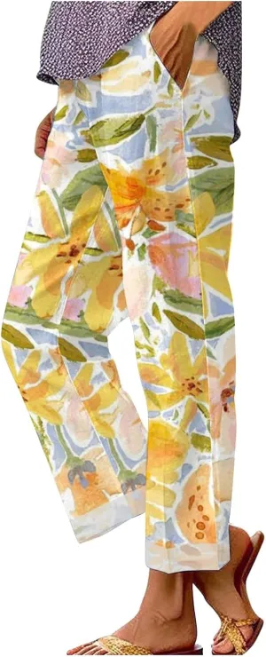 Beach Pants for Women Solid Elastic Pants Long Drawstring Linen Women Waist Cotton Casual Pants Linen Pants for