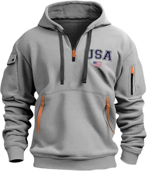 Bearskin Hoodies 4.0 For Men, Carharrtt Hoodie Men Stylish Mens Hoodies Pullover With Usa Flag, Comfortable Hooded Sweatshirt Men, Perfect For Casual Wear, Big 01 Light Gray X-Large