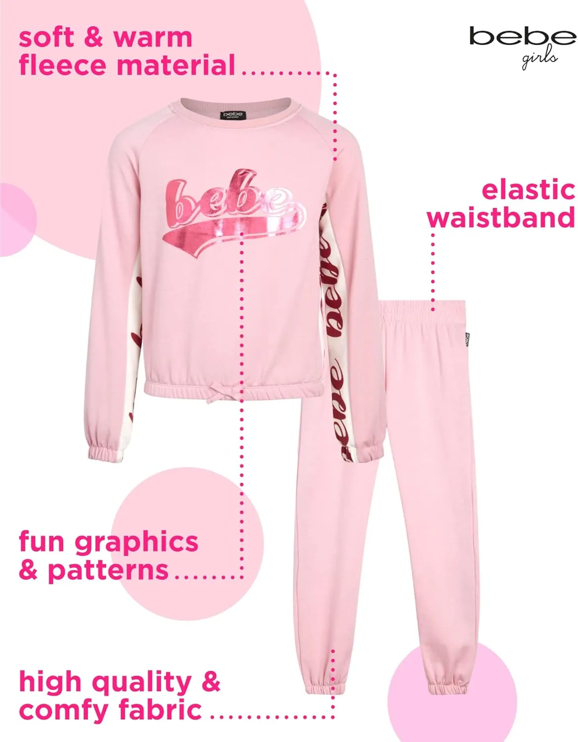 bebe Girls' Jogger Set - 2 Piece Active Fleece Pullover Sweatshirt and Sweatpants (Sizes: 4-16)