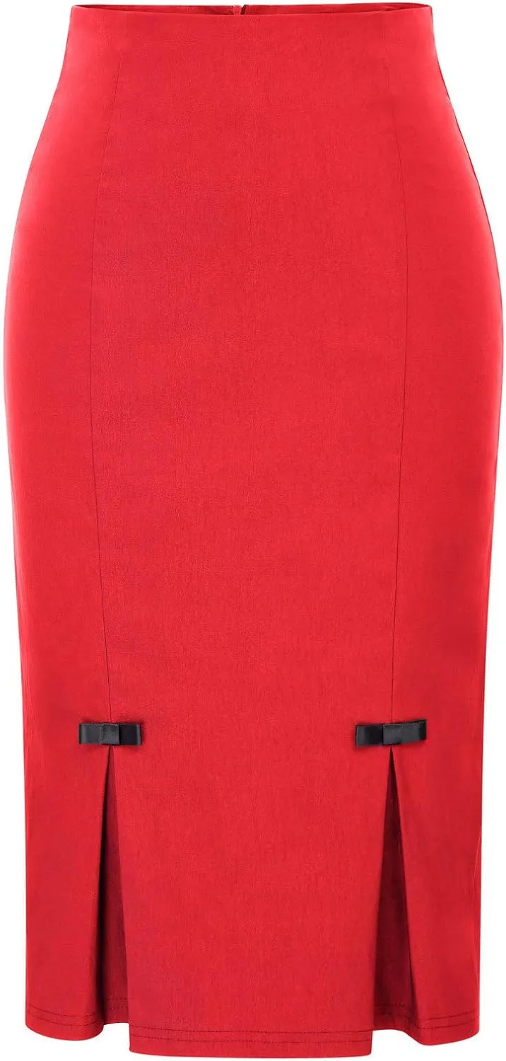 Belle Poque Women Midi High Waist Office Stretchy Pencil Skirt with Bow-Knot BP587