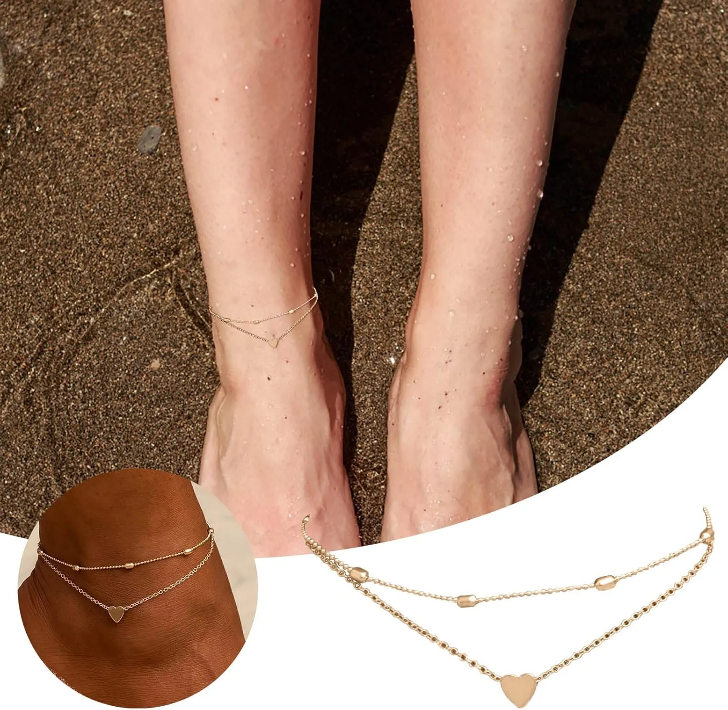 Best Friend Bracelet Matching Rings Silver Beaded Anklets Silver Ankle for Women S925 Bracelet Anklet Jewelry Foot Heart Adjustable Charm Anklet Friendship Bracelet (Gold, One Size)