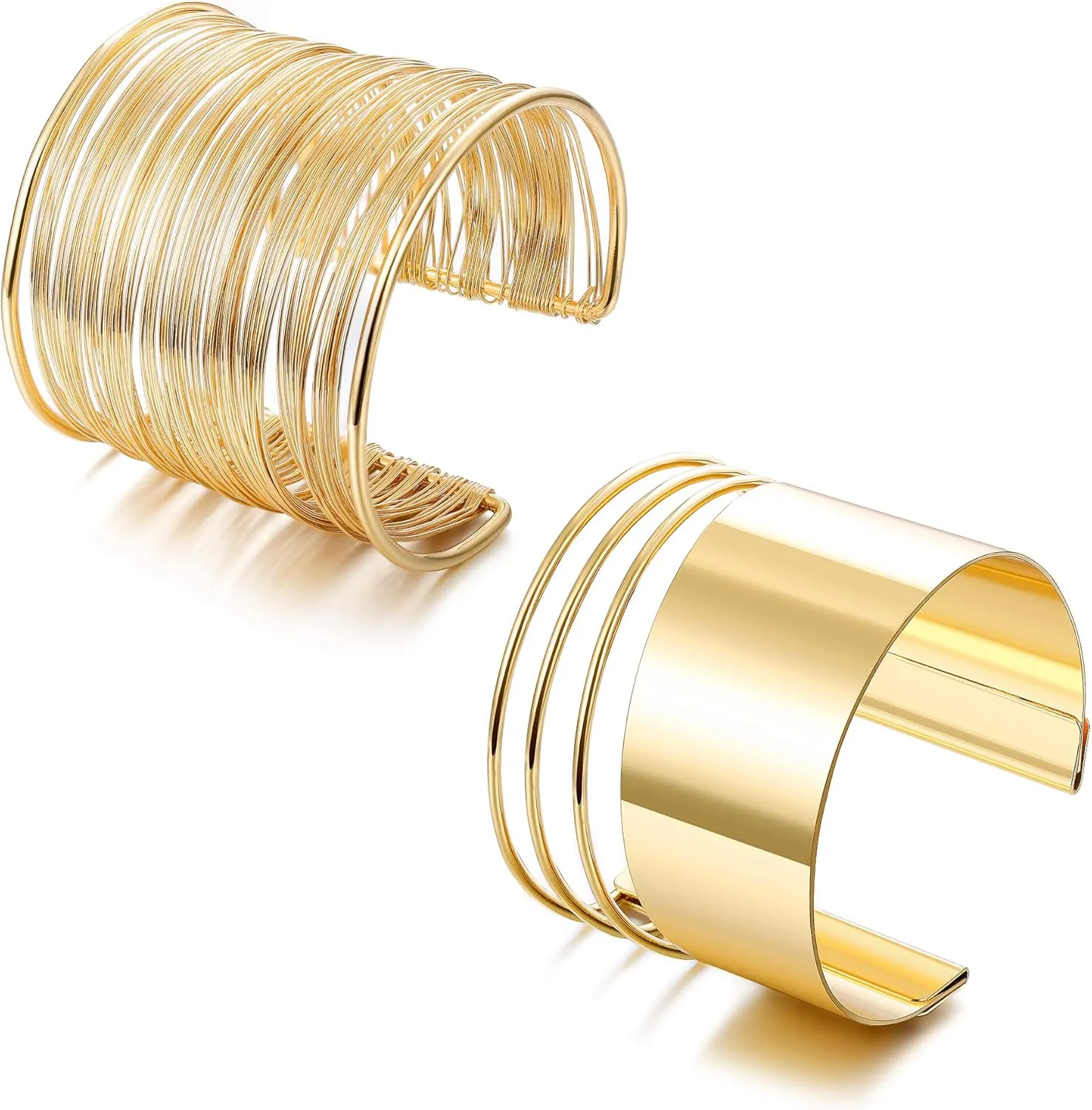 Besteel 2 Pcs Cuff Bangle Bracelet Set for Women Open Wide Wire Bracelets Adjustable Gold Sliver-Tone Plated