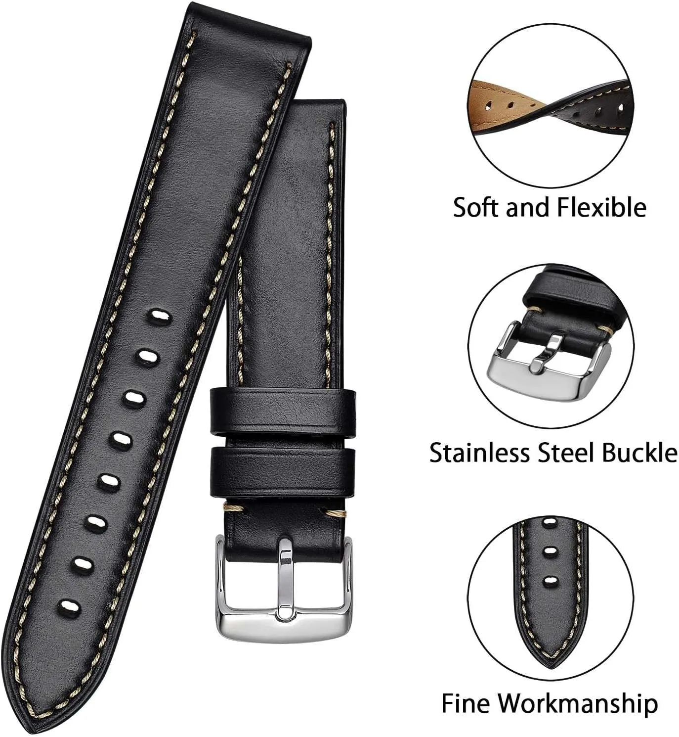 BISONSTRAP Leather Watch Band 18mm 19mm 20mm 21mm 22mm 23mm 24mm, Antique Watch Straps for Men, Supple and Breathable Calfskin