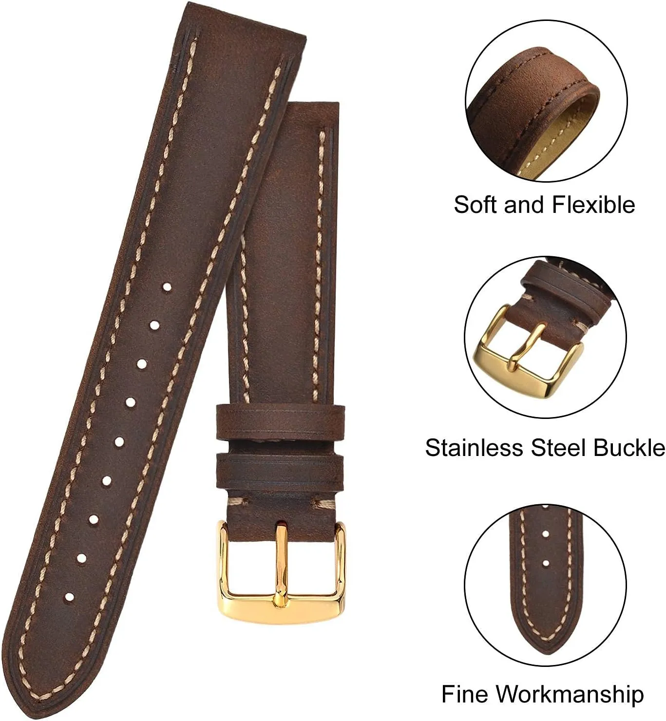 BISONSTRAP Vintage Watch Straps with Gold/Rose Gold Buckle, Leather Replacement Band 18mm 20mm 22mm