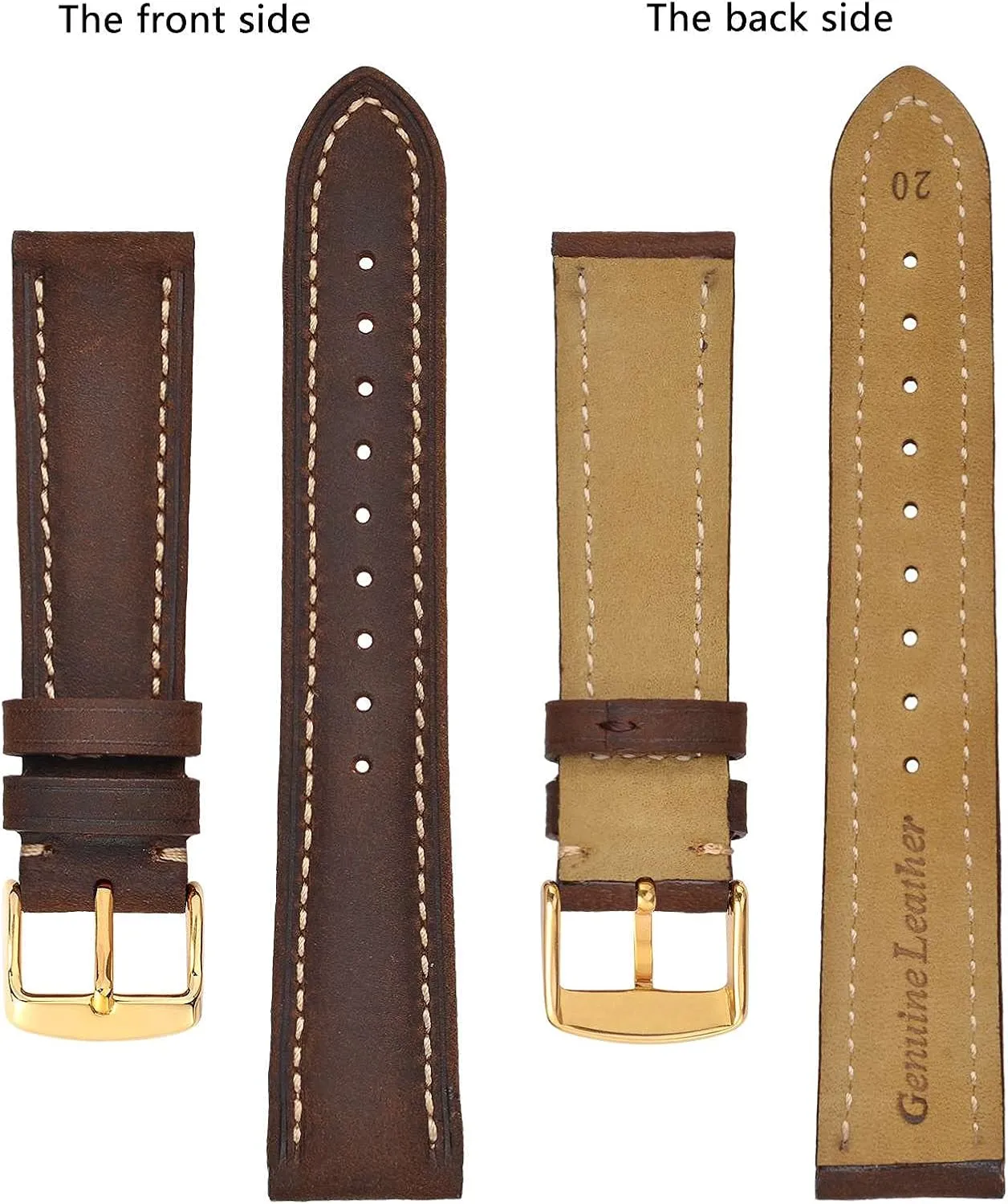 BISONSTRAP Vintage Watch Straps with Gold/Rose Gold Buckle, Leather Replacement Band 18mm 20mm 22mm