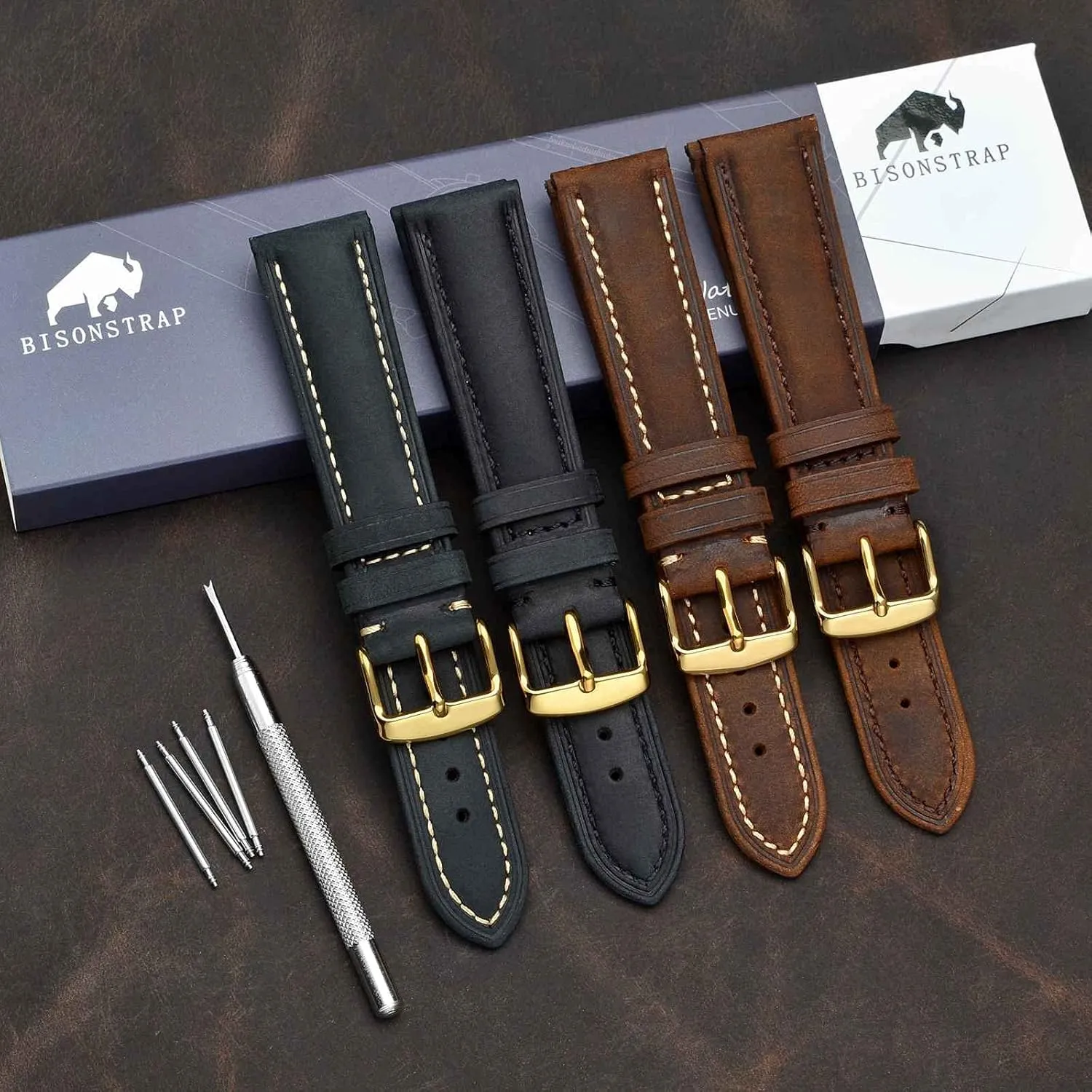 BISONSTRAP Vintage Watch Straps with Gold/Rose Gold Buckle, Leather Replacement Band 18mm 20mm 22mm