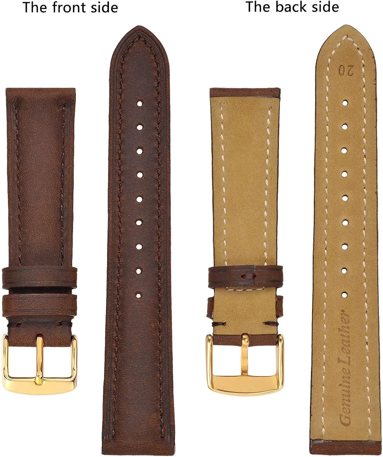 BISONSTRAP Vintage Watch Straps with Gold/Rose Gold Buckle, Leather Replacement Band 18mm 20mm 22mm