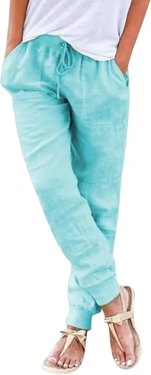Black Linen Pants Women Tapered Summer Drawstring Elastic Waist High Waisted Lounge Sweatpants Casual Beach Trousers