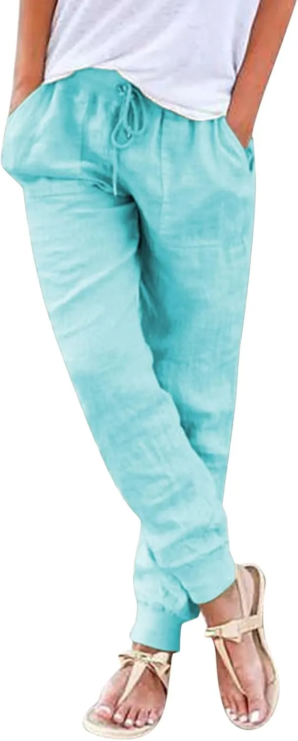 Black Linen Pants Women Tapered Summer Drawstring Elastic Waist High Waisted Lounge Sweatpants Casual Beach Trousers