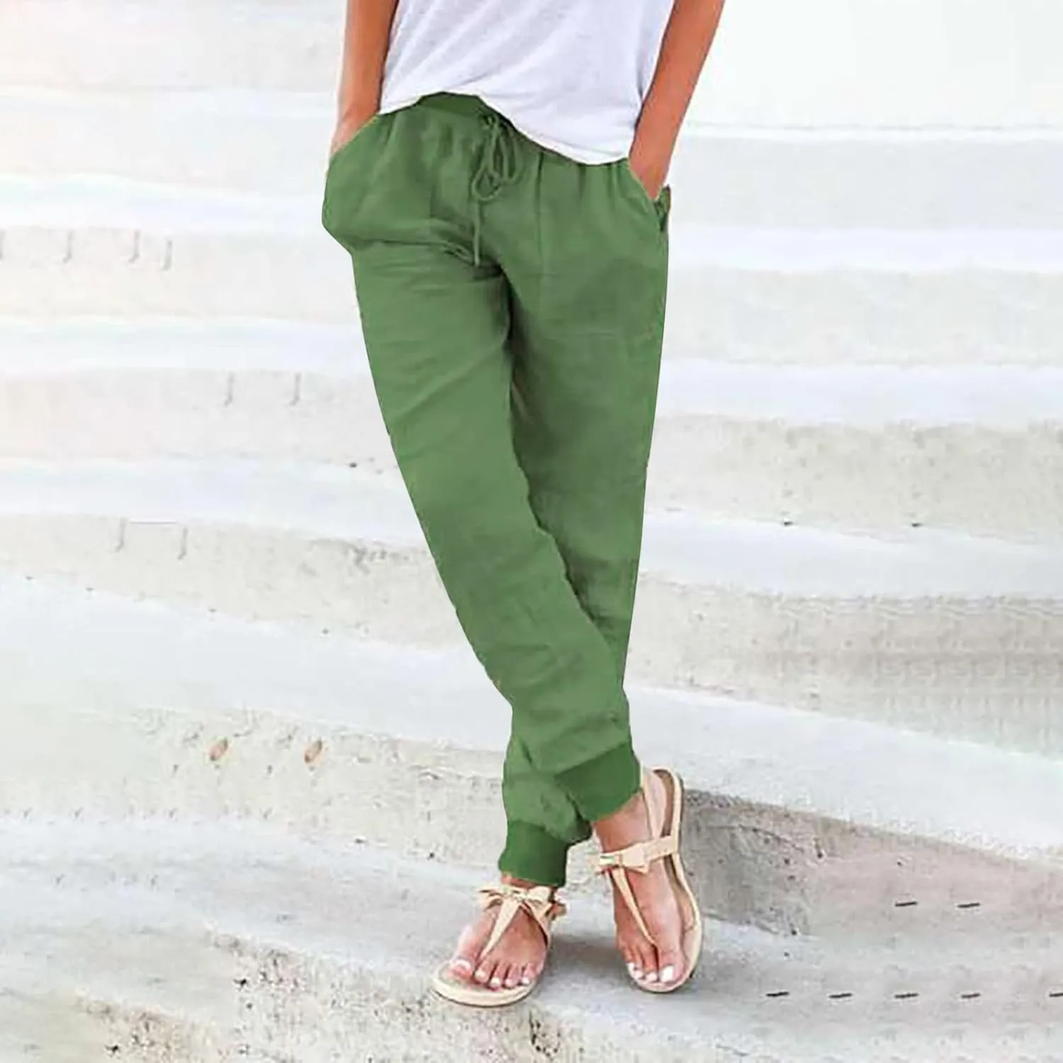 Black Linen Pants Women Tapered Summer Drawstring Elastic Waist High Waisted Lounge Sweatpants Casual Beach Trousers