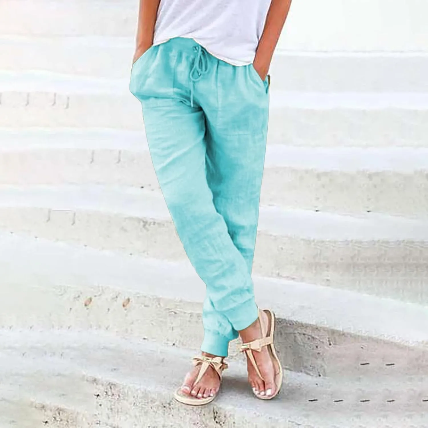 Black Linen Pants Women Tapered Summer Drawstring Elastic Waist High Waisted Lounge Sweatpants Casual Beach Trousers