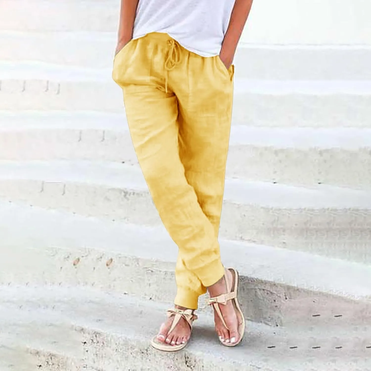 Black Linen Pants Women Tapered Summer Drawstring Elastic Waist High Waisted Lounge Sweatpants Casual Beach Trousers