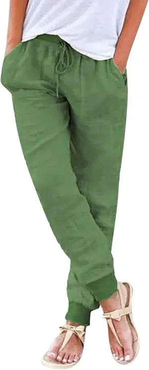 Black Linen Pants Women Tapered Summer Drawstring Elastic Waist High Waisted Lounge Sweatpants Casual Beach Trousers