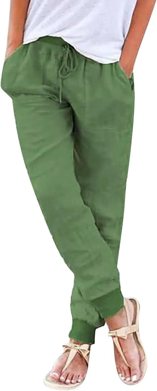 Black Linen Pants Women Tapered Summer Drawstring Elastic Waist High Waisted Lounge Sweatpants Casual Beach Trousers