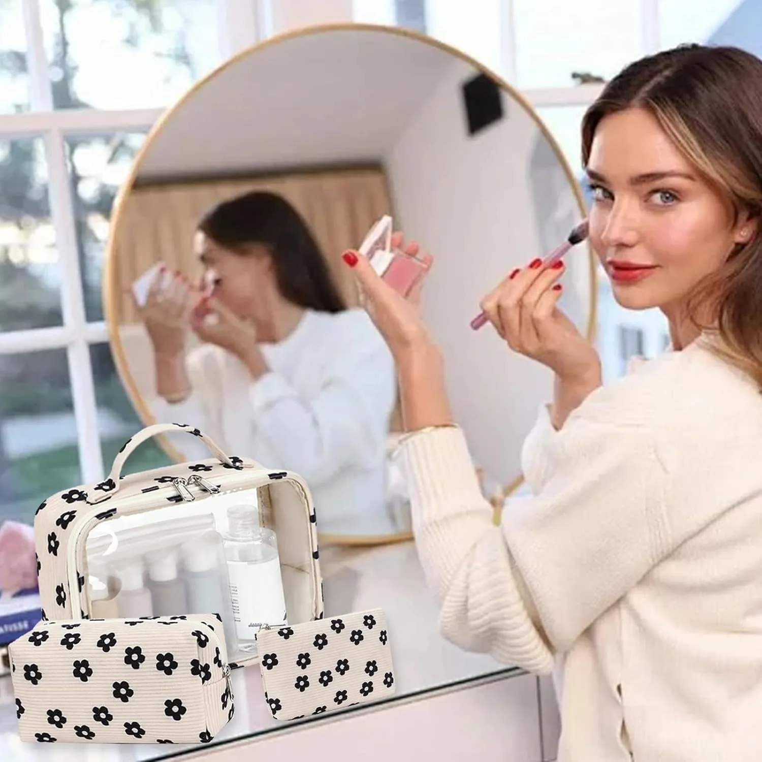 Bluboon 3Pcs Makeup Toiletry Bag for Women, Clear Packing Cubes Cosmetic Bag for Travel Women With Zipper Travel Essentials (Corduroy Floral 95)