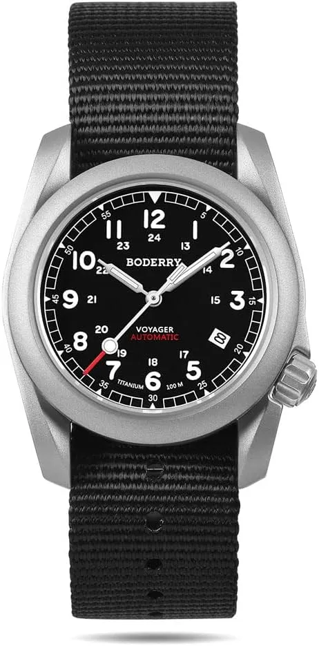 BODERRY Men's Watch Titanium Automatic Field Watch 40mm Military Watch Day Date Function 100M Waterproof with Nylon Strap Japanese Mechanical Movement & Screw Down CrownVoyager