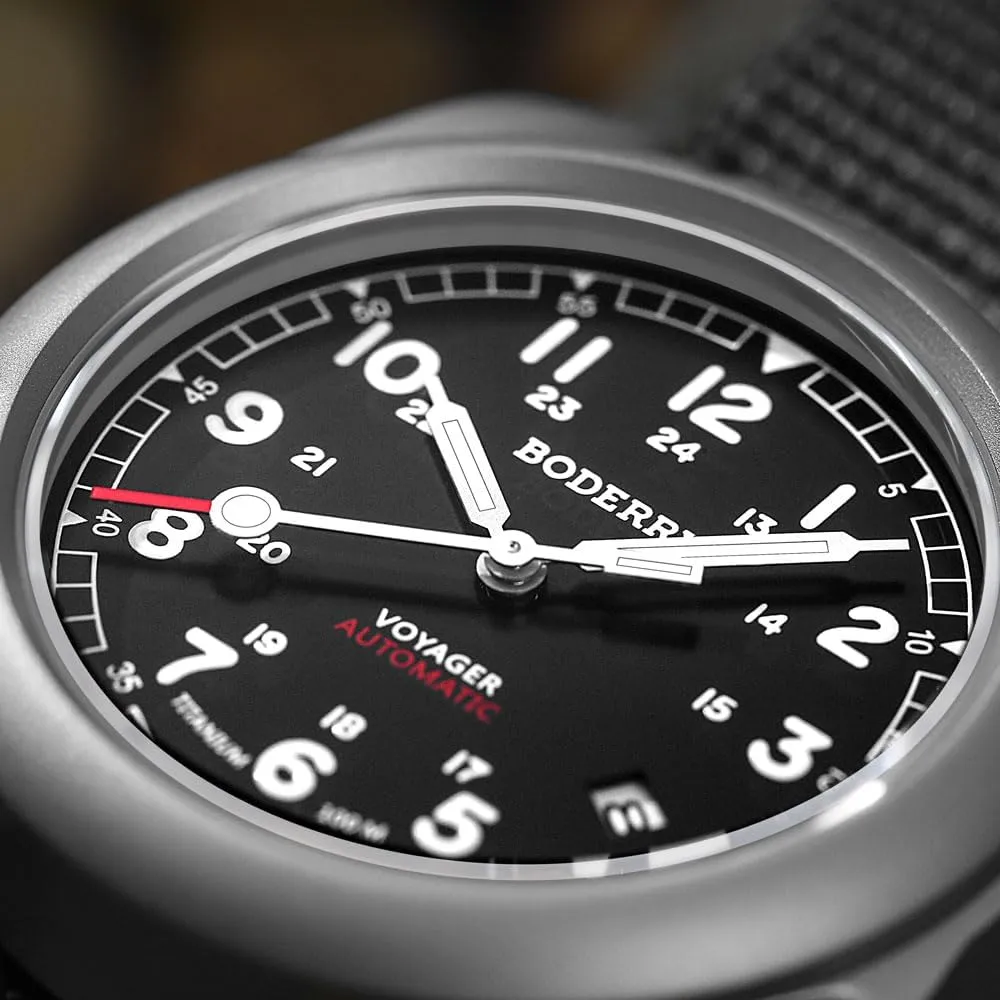 BODERRY Men's Watch Titanium Automatic Field Watch 40mm Military Watch Day Date Function 100M Waterproof with Nylon Strap Japanese Mechanical Movement & Screw Down CrownVoyager