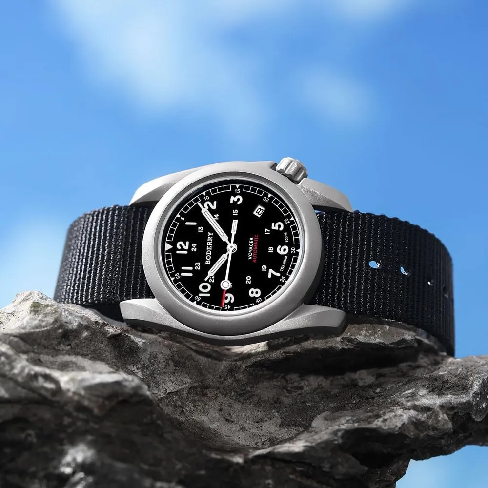 BODERRY Men's Watch Titanium Automatic Field Watch 40mm Military Watch Day Date Function 100M Waterproof with Nylon Strap Japanese Mechanical Movement & Screw Down CrownVoyager