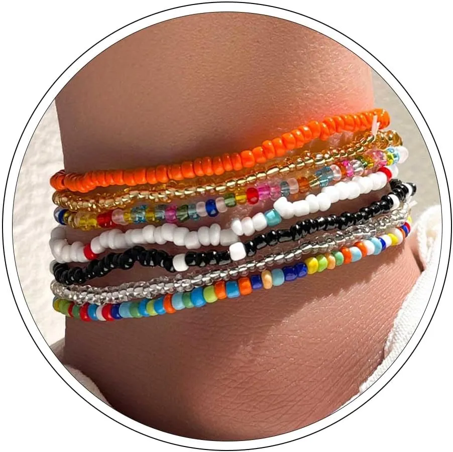 Boho Beaded Ankle Bracelets for Women 7Pcs Colorful Beads Elastic Anklets Handmade Rainbow Seed Bead Ankle Chain Beach Surfer Anklet Foot Jewelry for Women