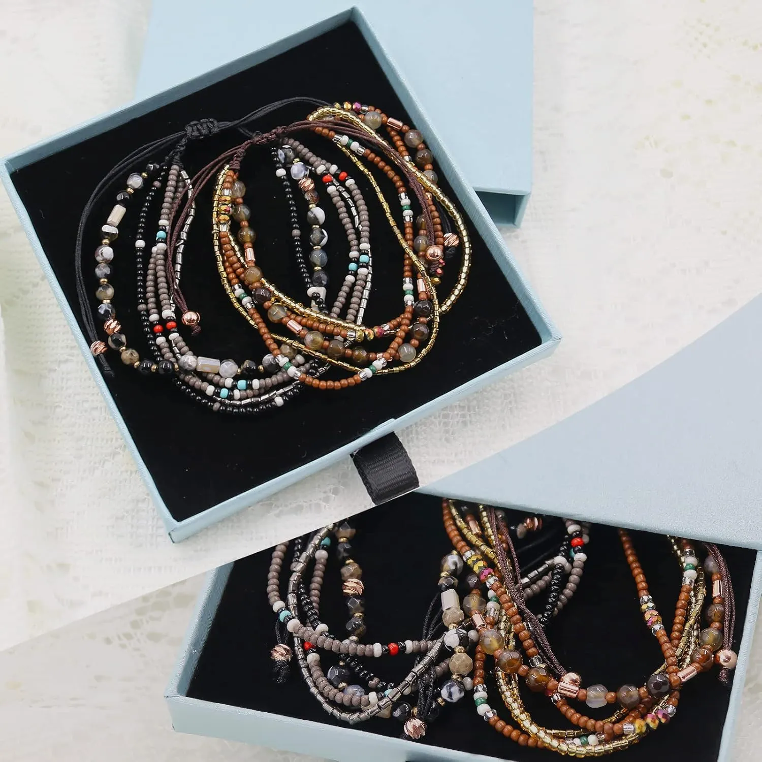 Boho Bracelets Anklets for Women Beaded - Adjustable Bohemian Anklets for Woman Handmade Beaded,2Pcs Braided Beach Bracelet Anklets